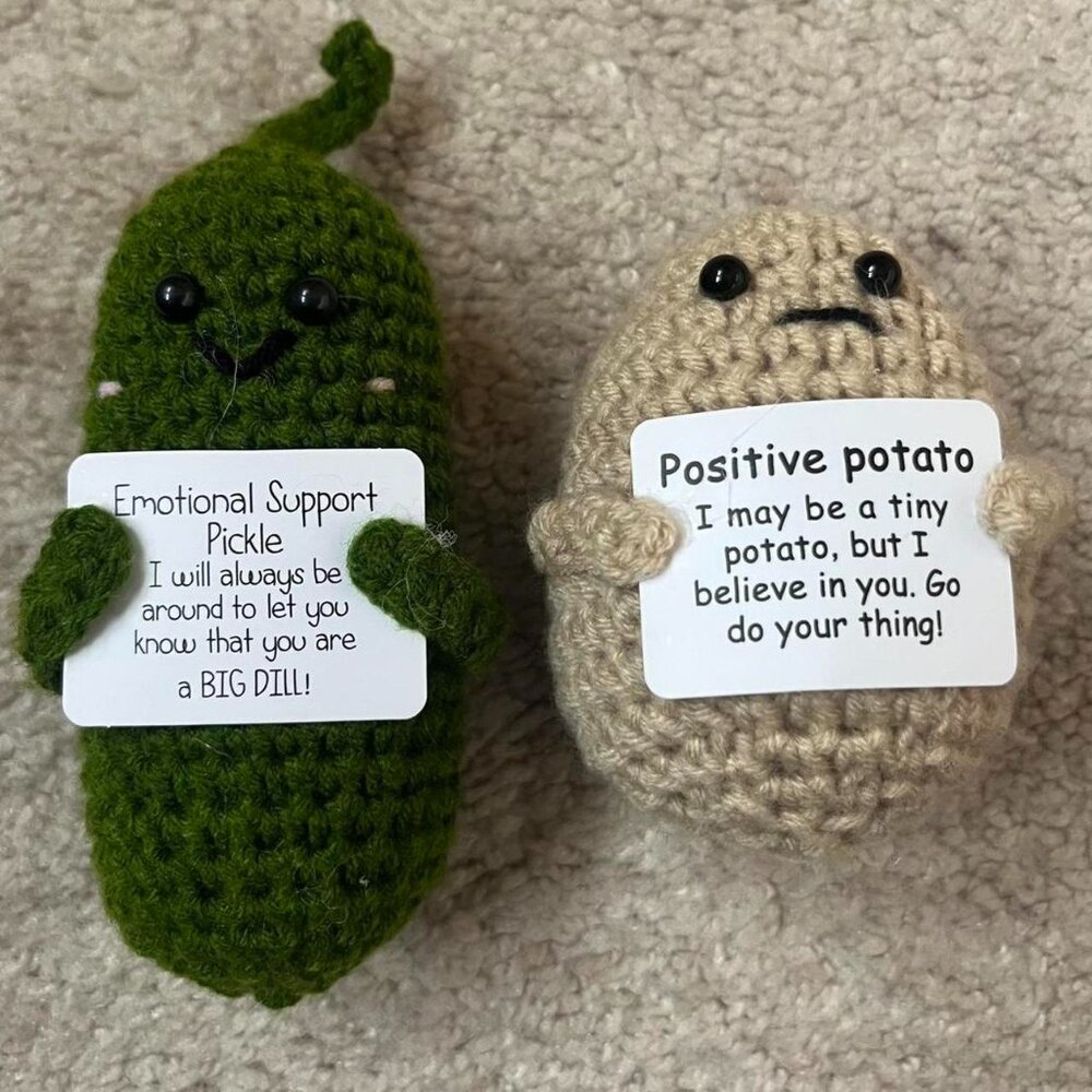Positive Potato and Emotional Support Pickle mini crochet plushies